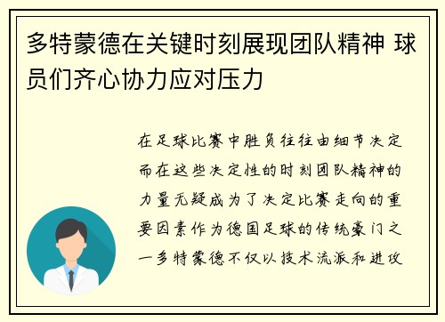 多特蒙德在关键时刻展现团队精神 球员们齐心协力应对压力