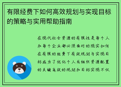 有限经费下如何高效规划与实现目标的策略与实用帮助指南